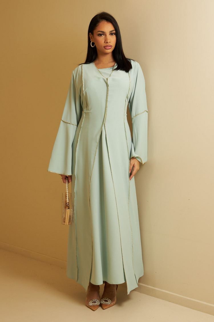 Ensemble 2 pièces abaya + gilet à enfiler bleu clair et doré