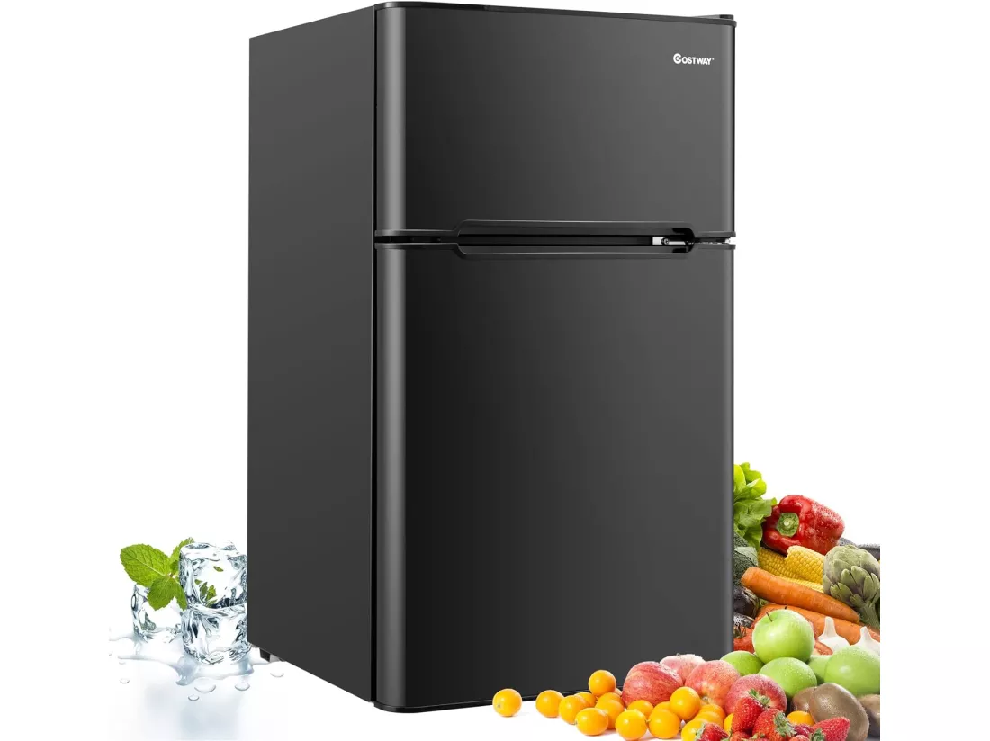 Réfrigérateur à Double Porte 90 L, Réfrigération Rapide, Économie d'énergie, Réfrigérateur en Métal avec 7 Niveaux de Température (Noir) [Classe énergétique E]
