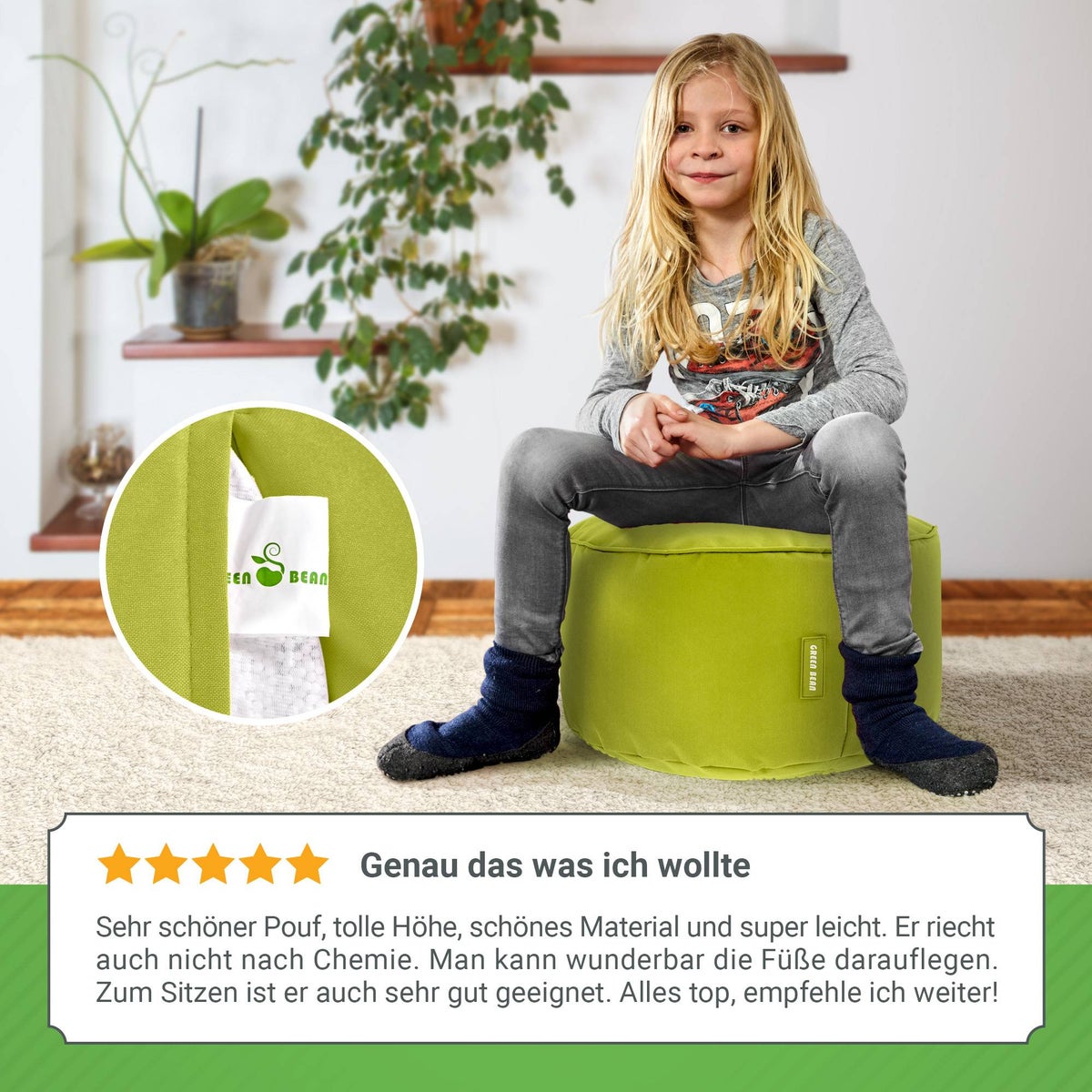 Groene Bean Zitzak Kruk 45x25cm met EPS-korrelvulling - Voetenbank Voetkussen Zitpoef voor Zitzakken - Vloerkussen voor Kinderen en Volwassenen - Voetsteun Zitkussen Zitkruk Groen