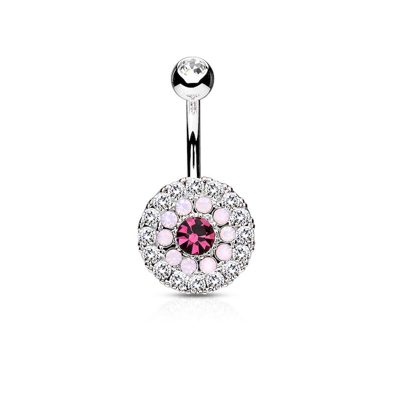 (10mm) 316L Chirurgenstahl Bauchnabelpiercing mit Gewindeverschluss Strass Kreis - Silber / Rosa