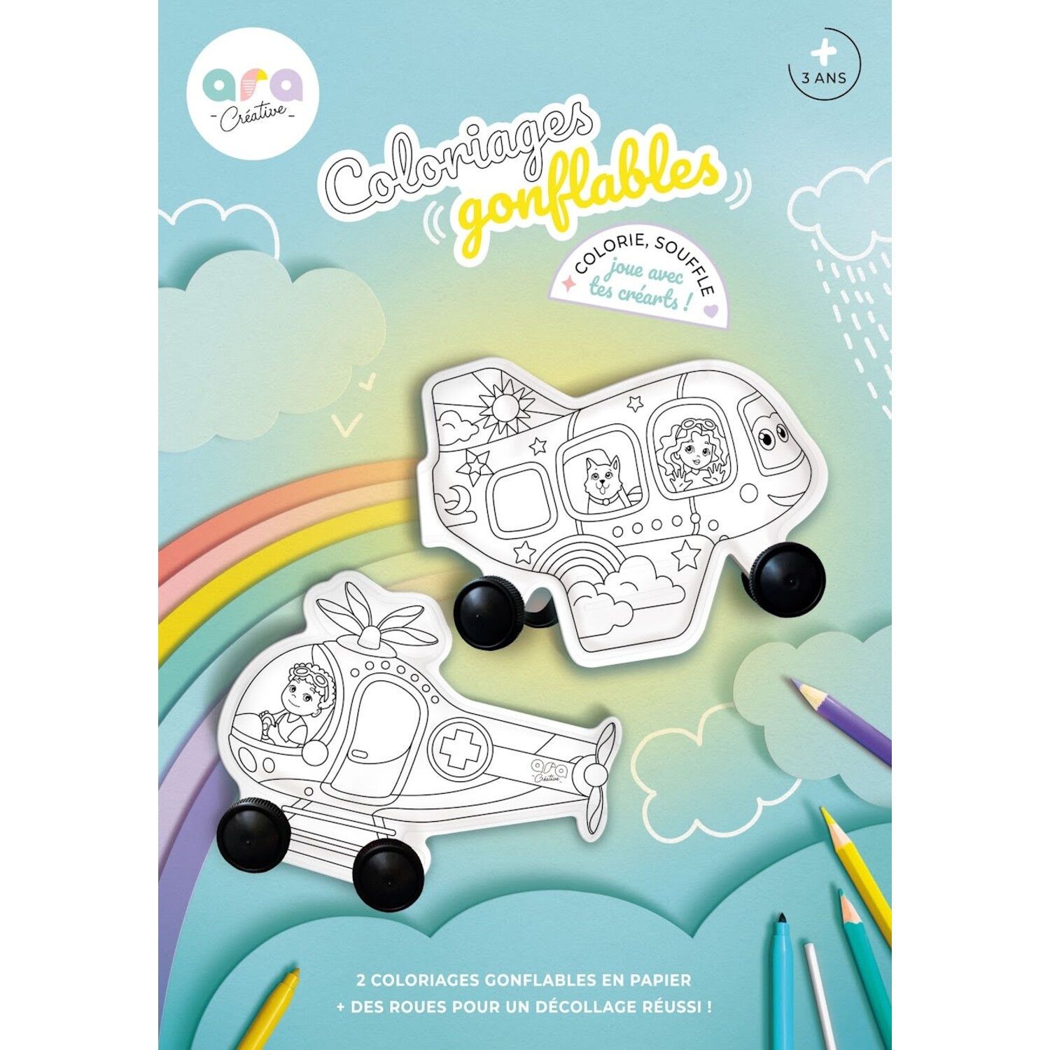 Ara Creative | Opblaasbare kleurplaten Helicopter & Vliegtuig met wielen