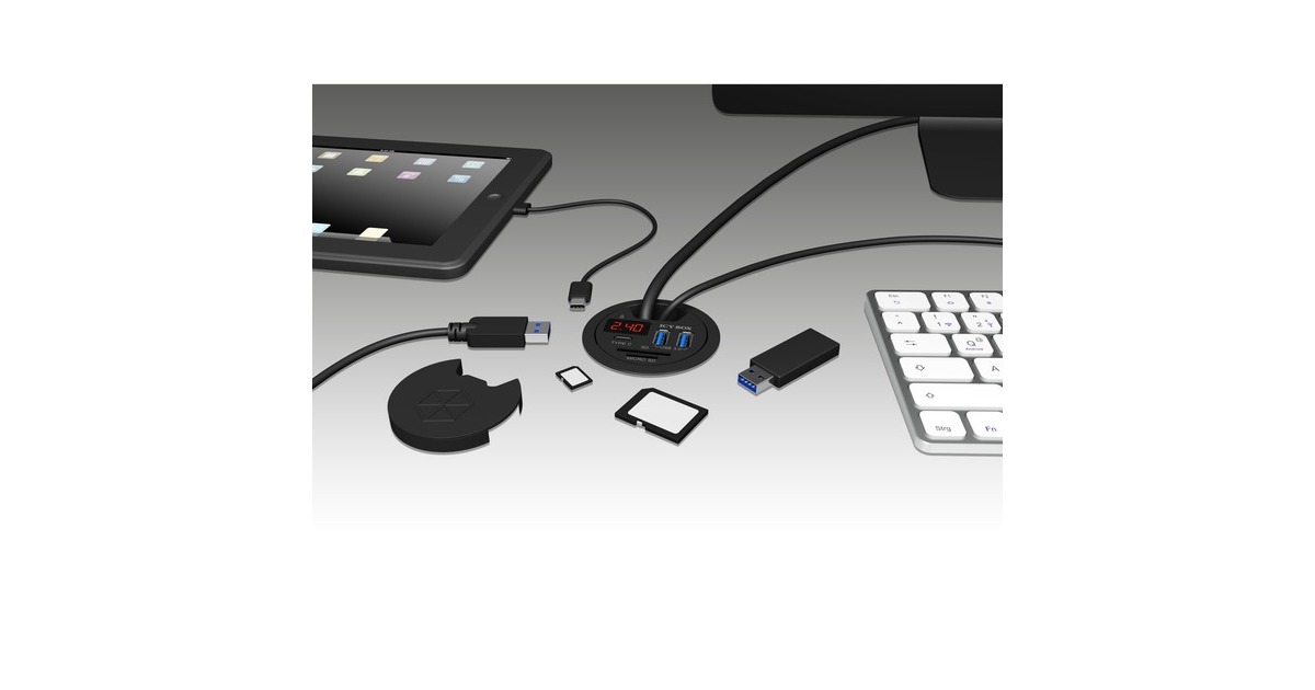 ICY BOXIB-Hub1404 usb-hub  (Zwart, Incl. USB-C, SD- en MicroSD kaartlezer en oplaadfunctie)
