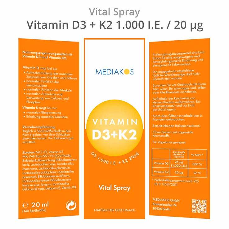 Vitamin D3 + K2 1000 I.E. 20 µg Mediakos Vital Spray, 20 ml
