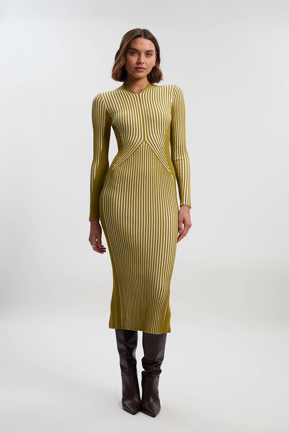 KarenMillen Robe Midi Tricotée à Manches Longues Ajustée à Rayures
