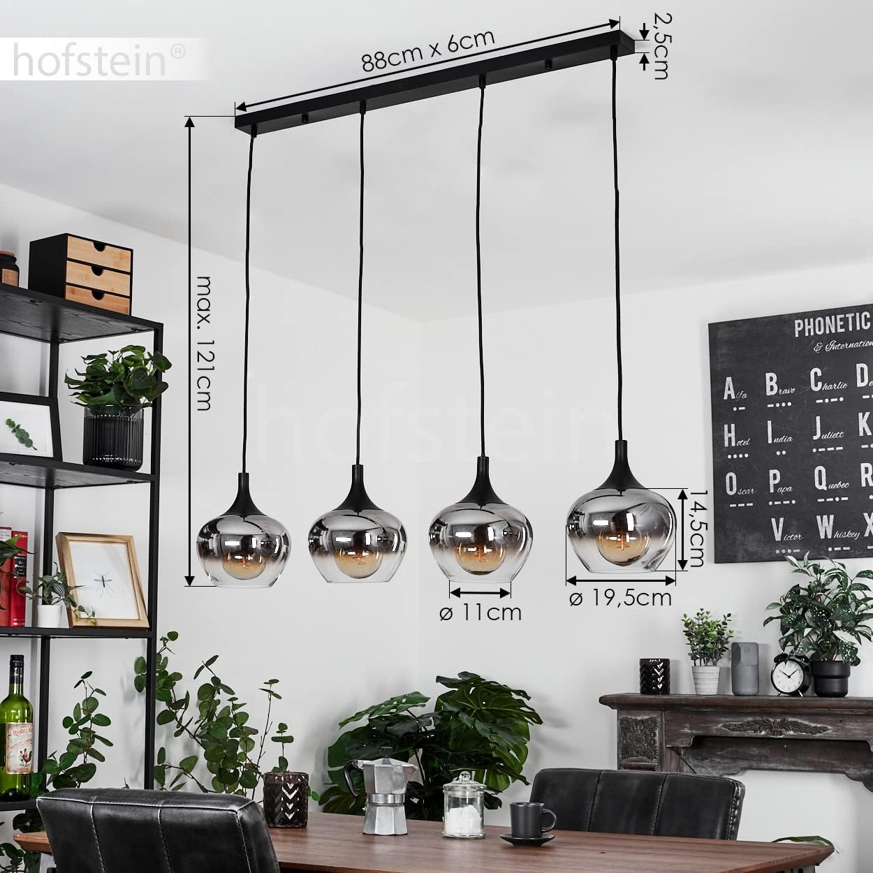 Hängeleuchte Azurara, Hängelampe aus Metall/Glas in Schwarz/Rauchfarben, Leuchte 4-flammig im Vintage/Retro Design mit Schirmen aus Glas (Ø19,5cm), Höhe max. 121cm, 4x E27 max. 40W, ohne Leuchtmittel