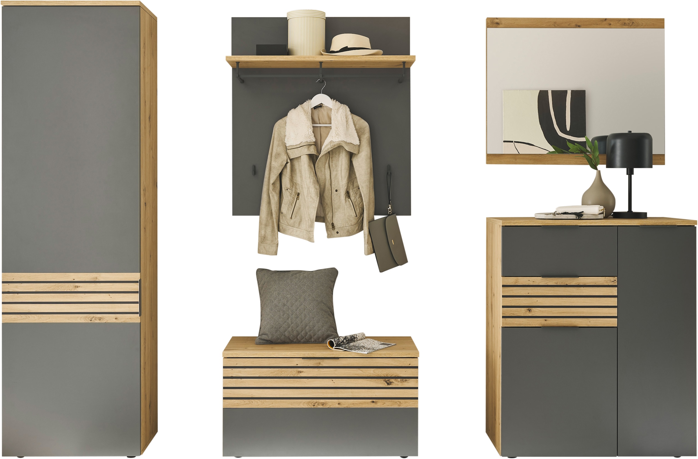 HBZ Garderoben-Set »5-tlg. Eiche Stripes Optik Flurgarderobe Stellmass BxHxT 260x197x38 cm« 5 Stk. tlg.