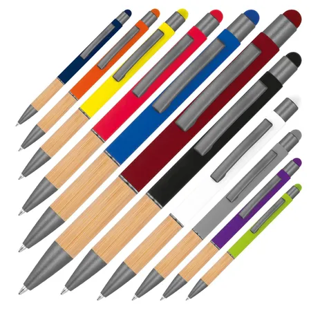 Macma Touchpen Kugelschreiber mit Griffzone aus Bambus, 10 Stück in 10 verschiedenen Farben