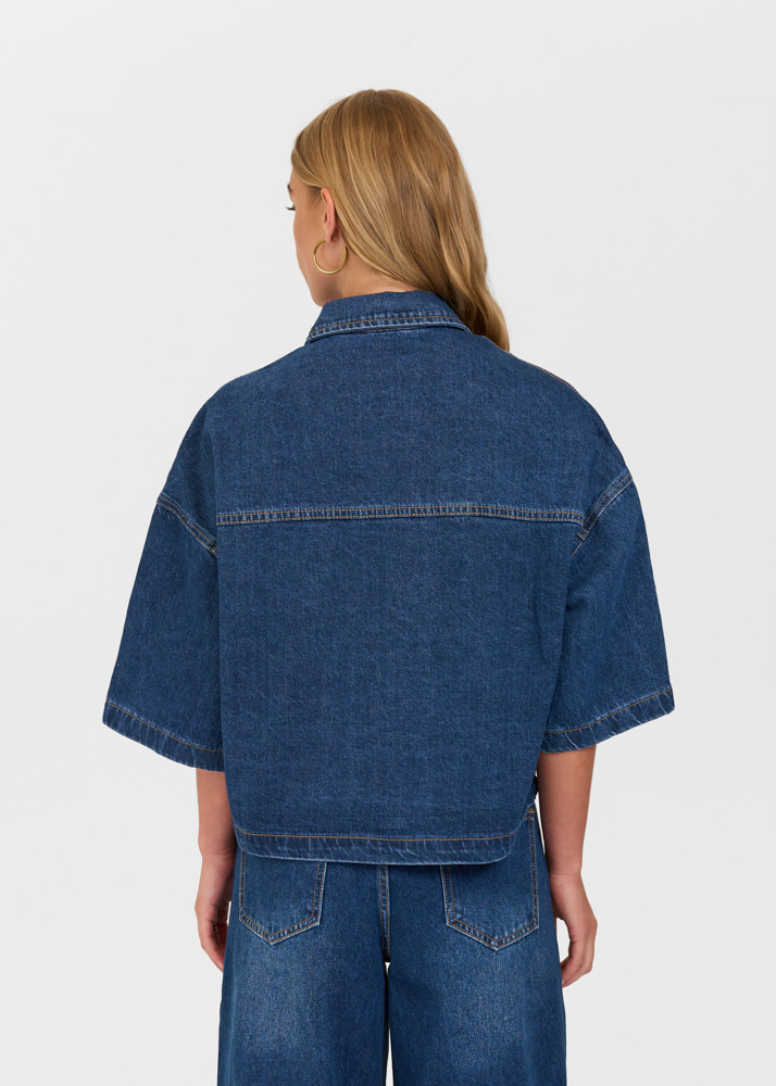 Denim blouse korte mouw indigo blauw