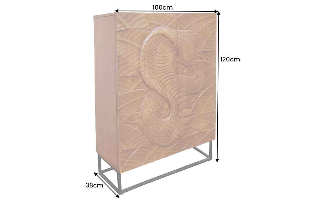 Massives Highboard SNAKE 120cm braun schwarz Mangoholz Schlangen-Design mit aufwendigen 3D Schnitzereien