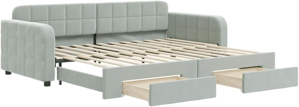 vidaXL Tagesbett, Ausziehbar Schlafsofa mit Schubladen, Bettsofa Gästebett für Schlafzimmer Wohnzimmer, Bett Sofa Ausziehbett, Hellgrau 90x200 cm Samt