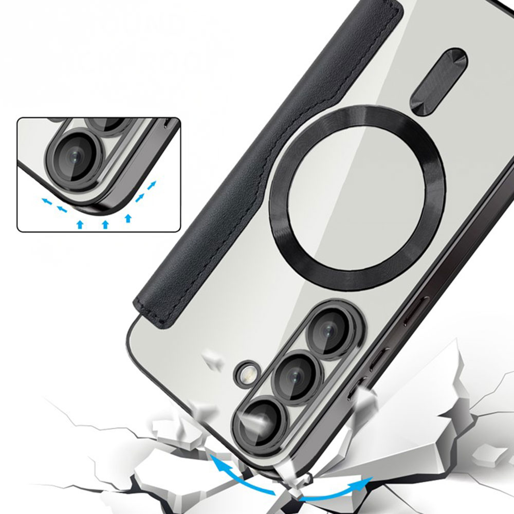 Samsung Galaxy S25  Plus Hybrid Leder Tasche   Kunststoff Rückseite MagSafe-Modul (RFID Schutz) - Schwarz / Transparent