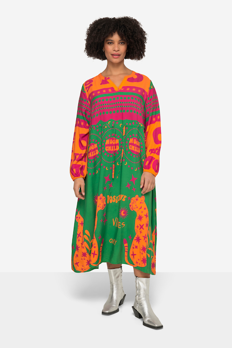 Midikleid, A-Line, Wildkatzen-Mustermix, Tunika-Ausschnitt, Langarm
