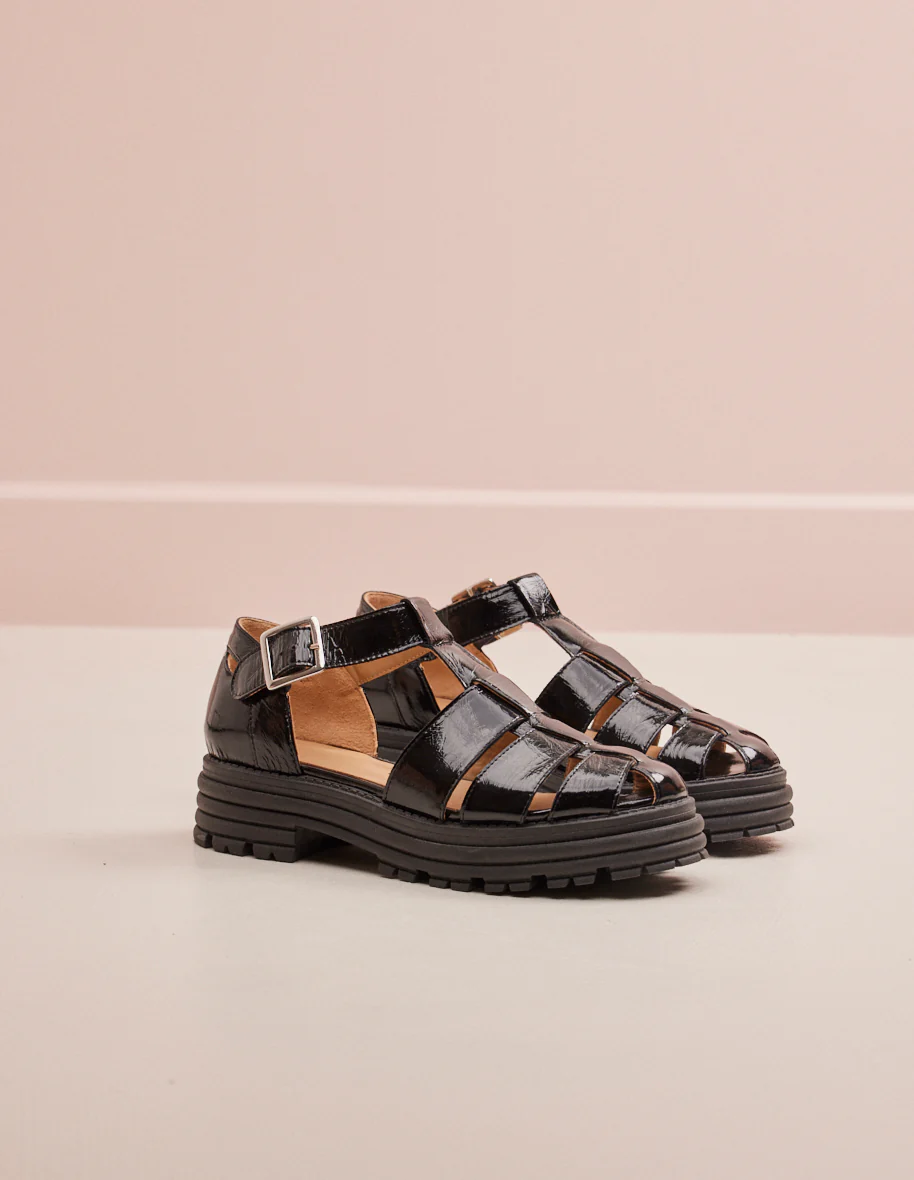 Sandales plates Tess - Cuir plissé noir