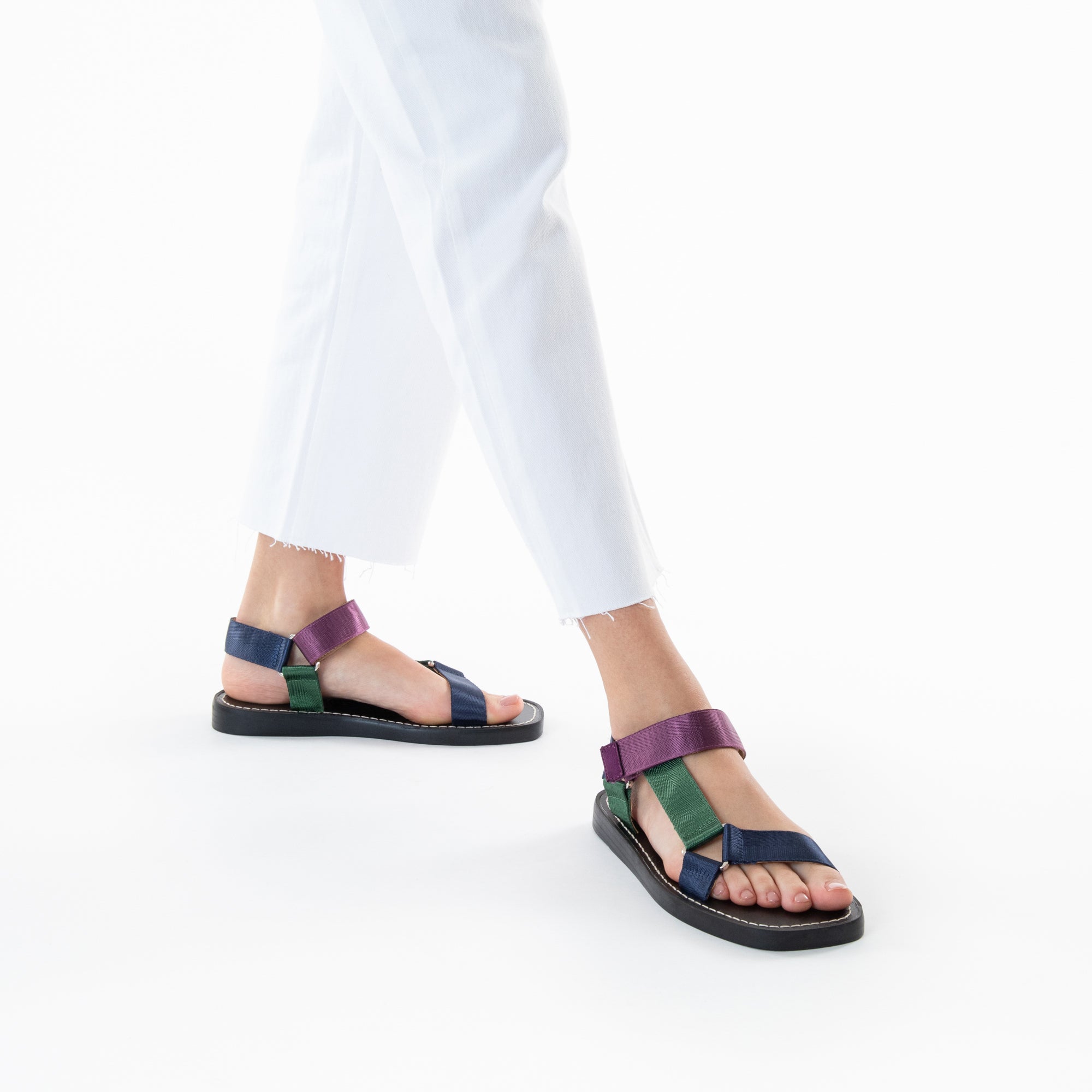 Sandales plates-Sandales plates Laurence en tissus violet, vert et marine