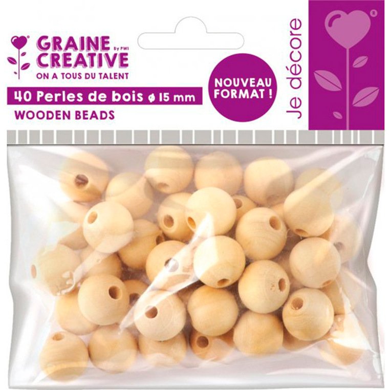 Perles en bois graine creative diametre 15mm sachet 40 pieces