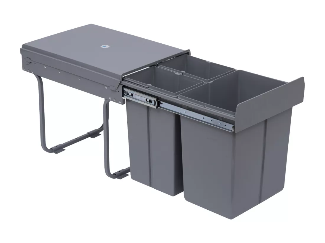 Poubelle de tri coulissante - 3 bacs amovibles avec poignée - 2 x 10L et 1 x 20L - métal PP gris