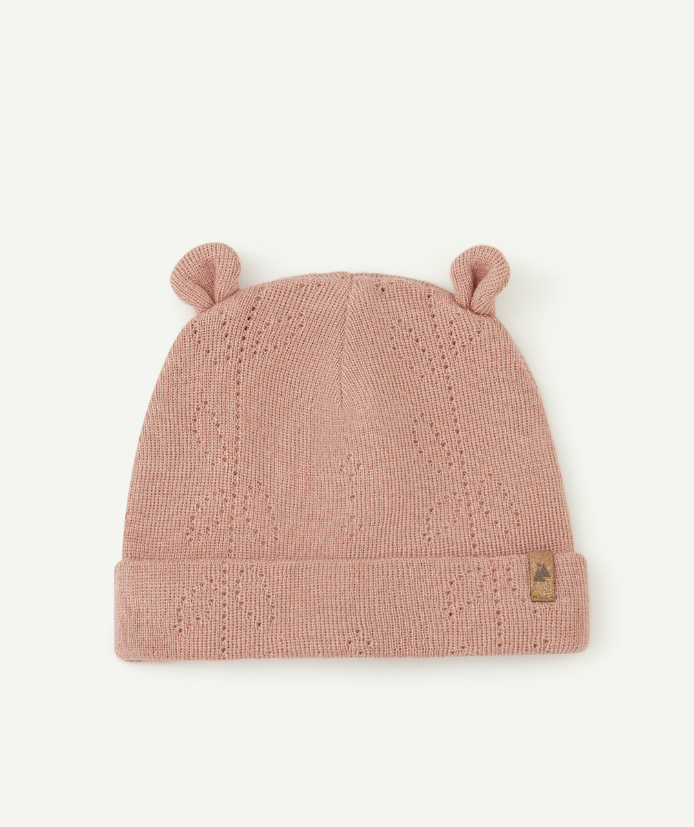 LOT DE 2 BONNETS BÉBÉ FILLE EN MAILLE AJOURÉE ROSE ET BEIGE
