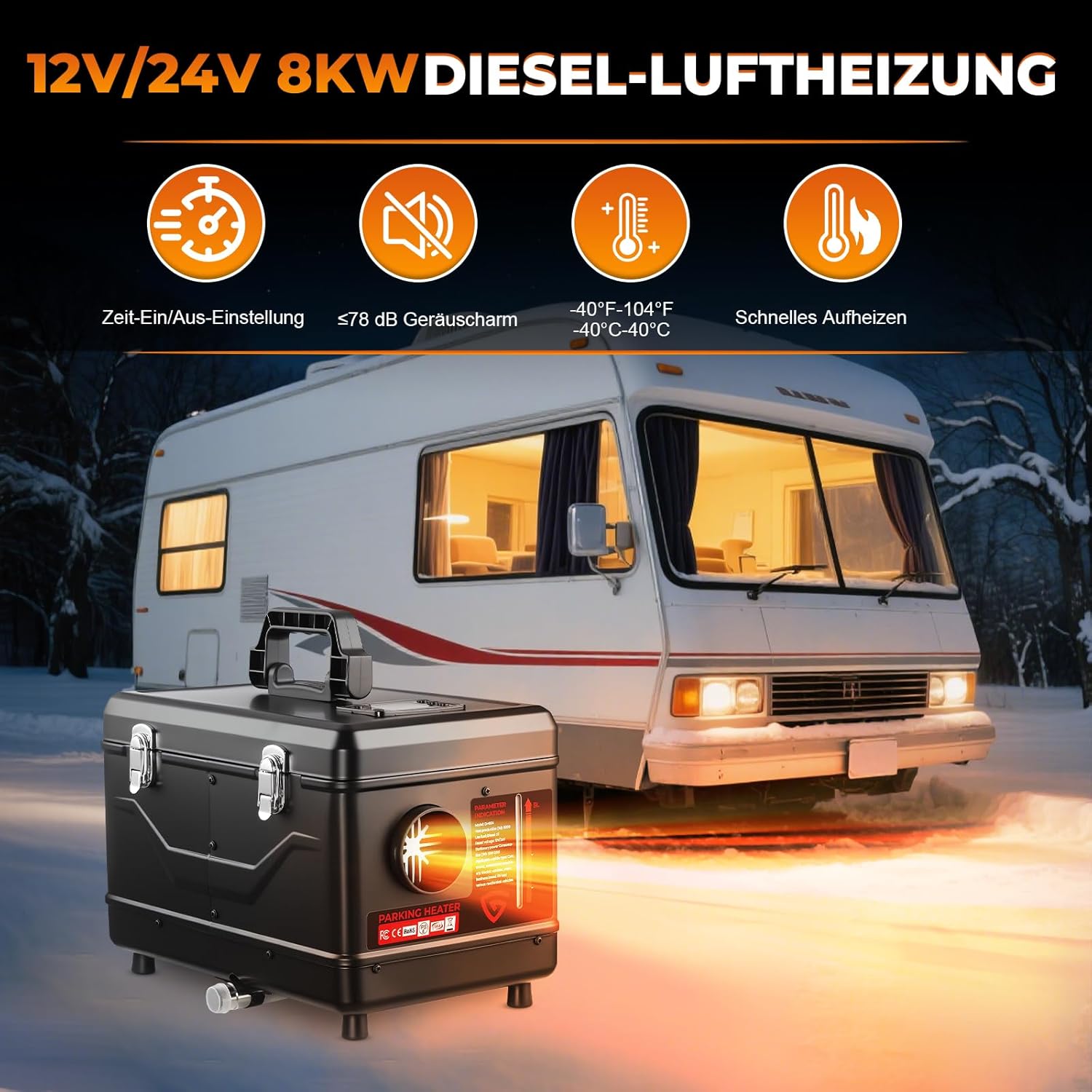 Dieselheizung 12V/24V 8 kW, All-in-One 5L Diesel Standheizung mit Bluetooth APP Fernbedienung und LCD Bildschirm, geeignet für Zuhause, Werkstatt, Garage, Wohnmobil, LKW, RV, Schwarz