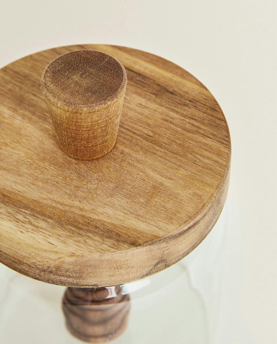 Pote de mel de vidro borossilicato e madeira