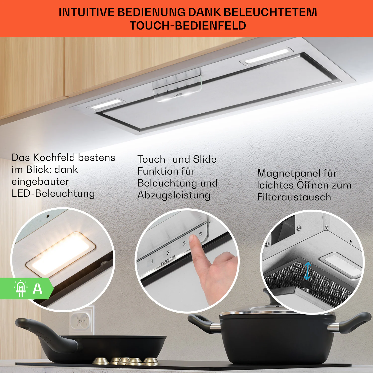 Camila Dunstabzugshaube Einbau 70 cm 397 m³/h LED Touch Edelstahl Edelstahl