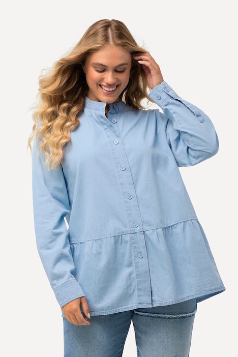 Jeansbluse, Volantsaum, A-Linie, Stehkragen, Langarm