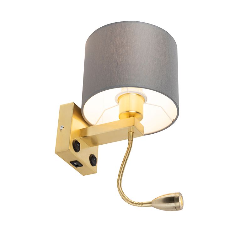 Art deco wandlamp goud met USB en grijze kap - Brescia