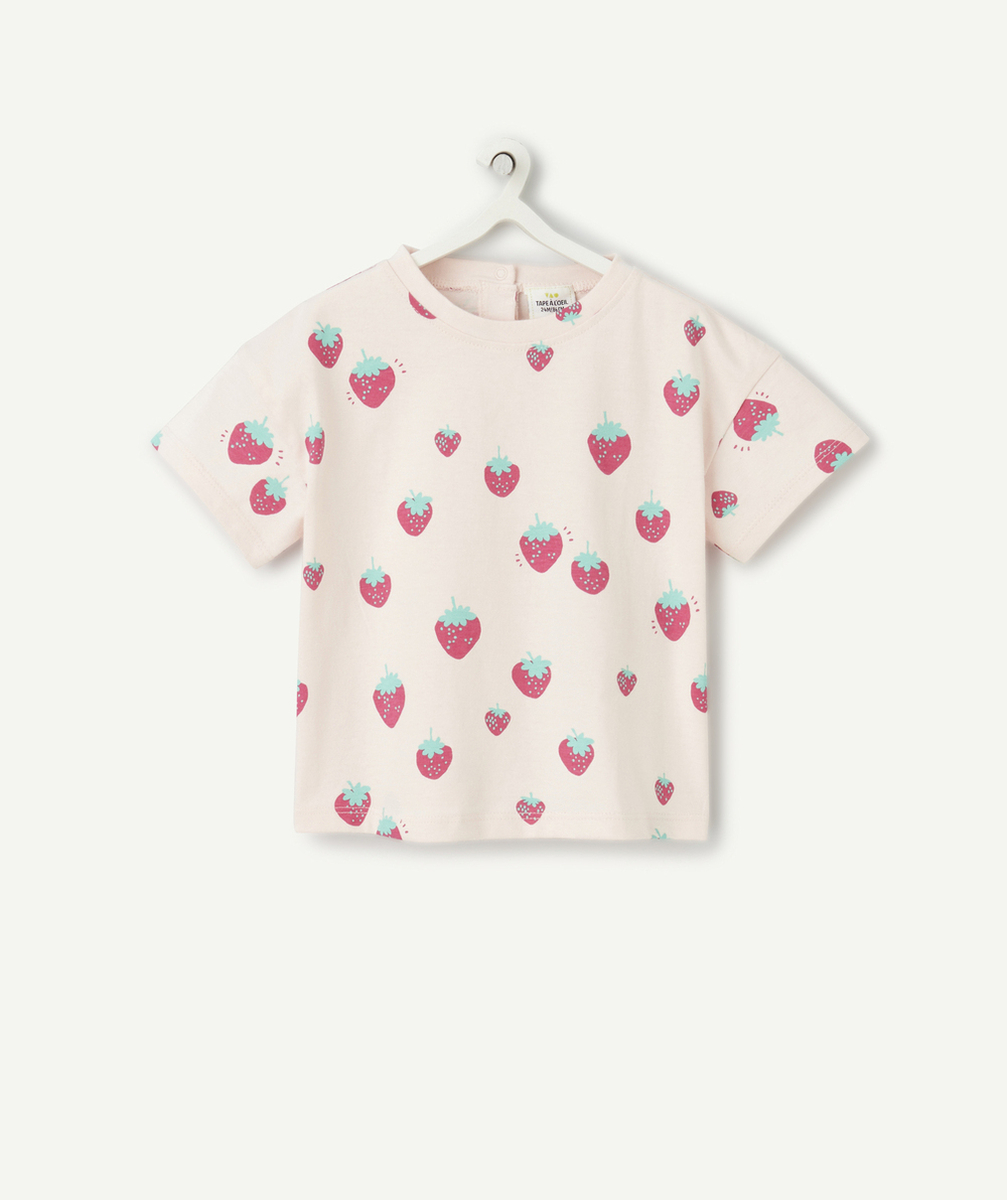 t-shirt manches courtes bébé fille en coton bio rose imprimé fraise
