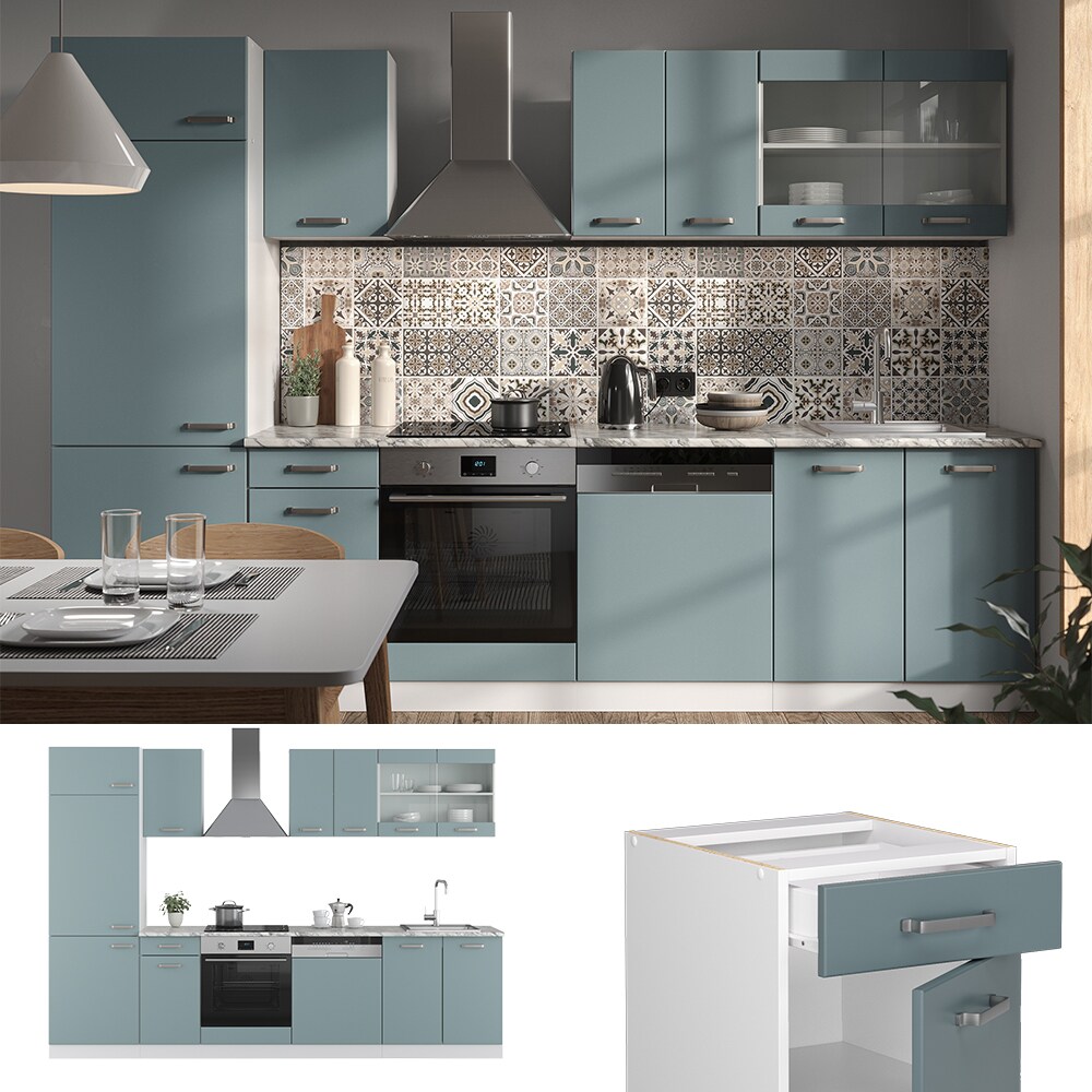 Vicco Küchenzeile R-Line Solid Weiß Blau Grau 300 cm modern Küchenschränke Küchenmöbel
