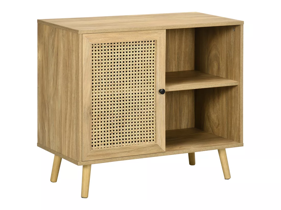 Buffet style bohème - 1 porte, étagère, 2 niches - piètement bois panneaux aspect bois manguier rotin
