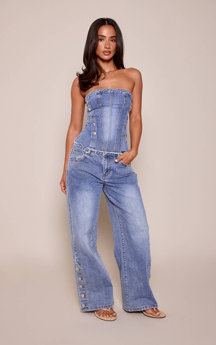 Mid Blue Wash Bandeau En Denim Bleu Moyen Avec Détails De Boutons Petite