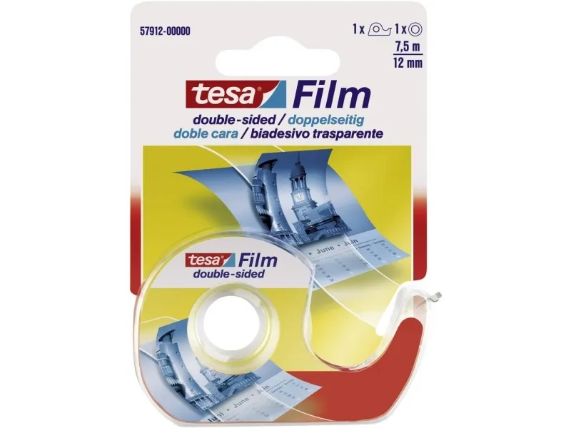 Dobbeltklæbende kontortape Tesafilm, 12 mm x 7,5 m, med dispenser