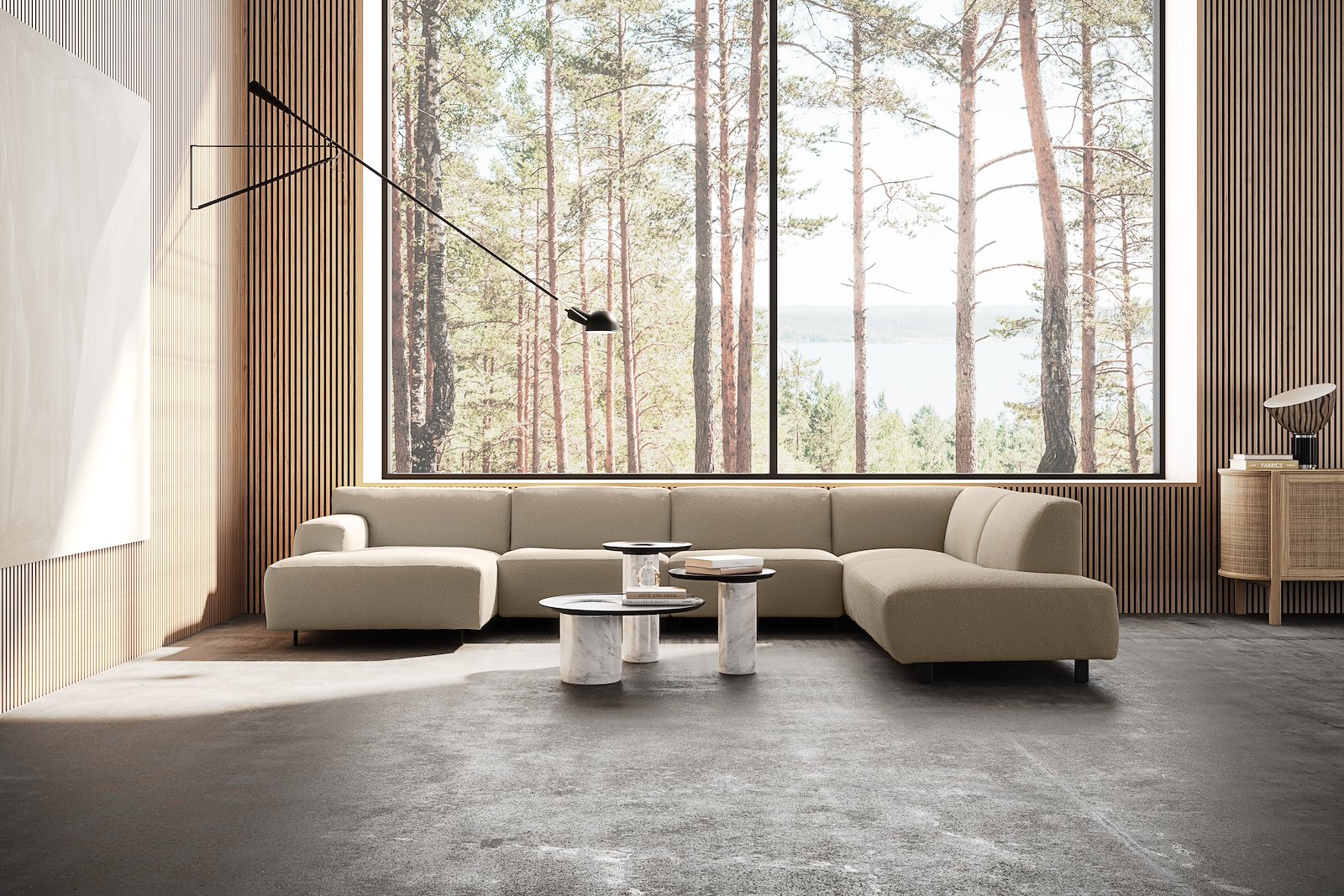 Vesta U-sofa Sjeselong venstre, 3-seter og åpen ende høyre. Big hjørnemodul, Tekstil Gianni Sand, sort metallben 10 cm, Comfort CM