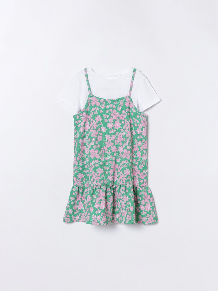Conjunto de vestido e camiseta estampados - Verde Esmeralda