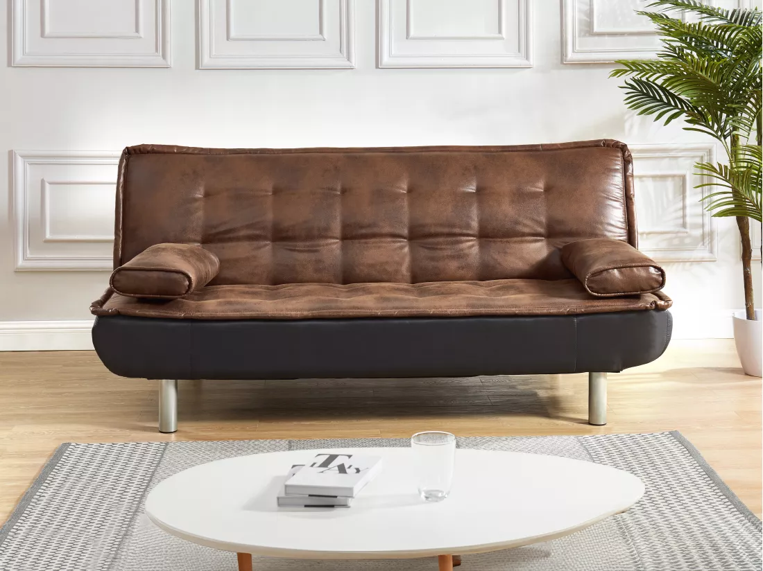 Canapé 3 places convertible clic-clac en microfibre vieilli marron MISHAN II