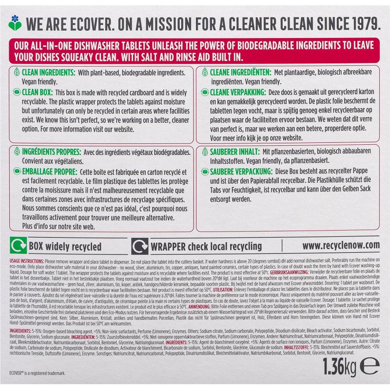Tablettes écologique Ecover lave-vaisselle All in 1 - Boîte de 68 tablettes