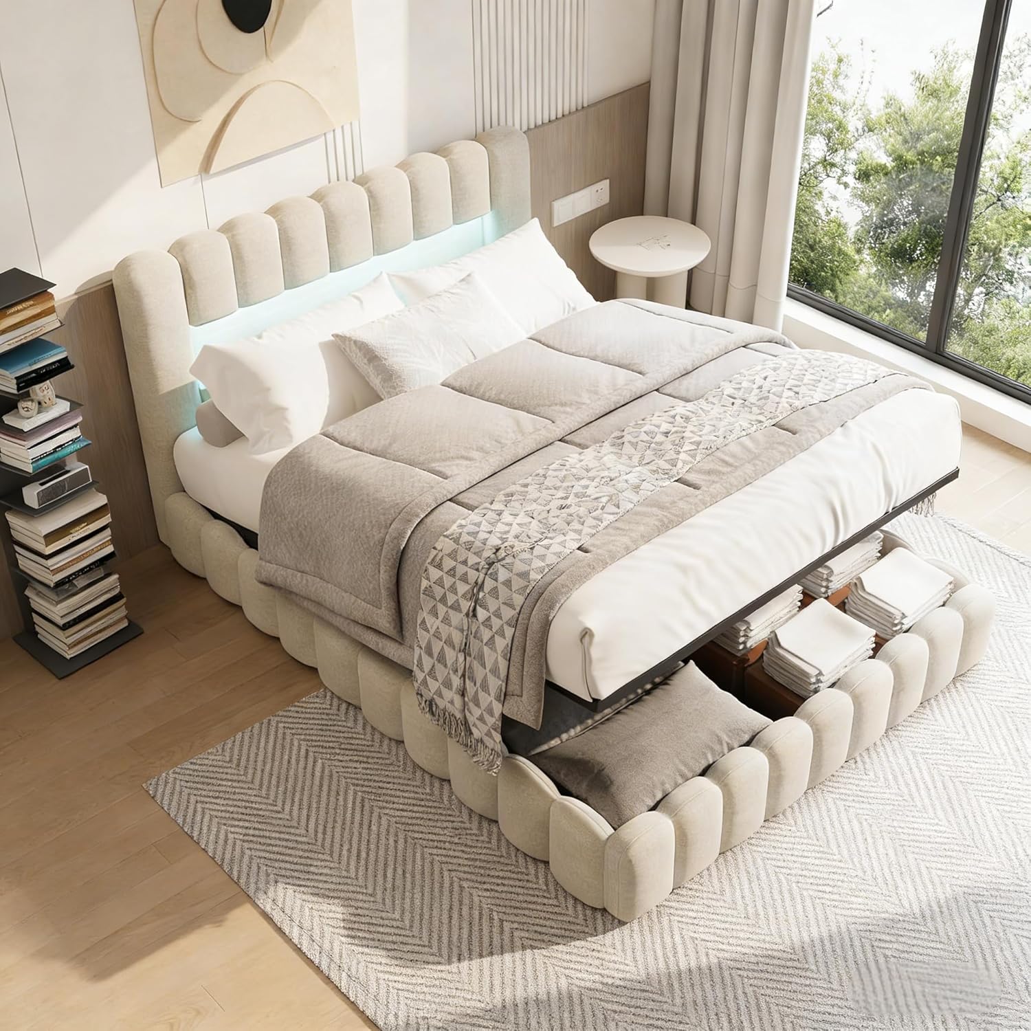 Polsterbett 180x200 cm, Hydraulisch Stauraumbett, Doppelbett mit LED und USB, Jugendbett mit Stauraum Kopfteil, Bettgestell mit Lattenrost, Leinen (Beige, 180 x 200 cm)