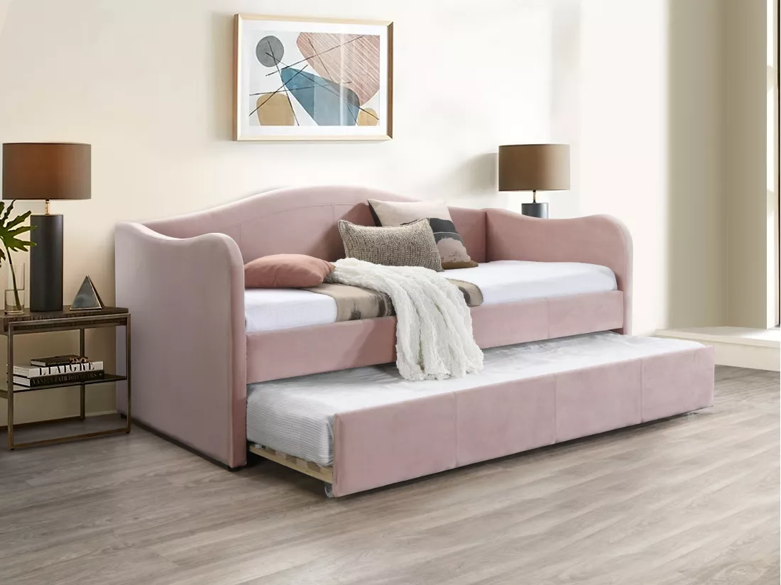 Lit banquette gigogne 2 x 90 x 190 cm - Velours - Rose - MATHILDE