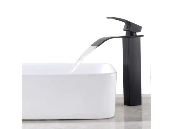 Mitigeur Robinet de Lavabo Cascade Noir Moderne Mitigeur Robinet Salle Bain+Bonde Lavabo Bonde Pop-up avec Trop-plein Automatique Universelle