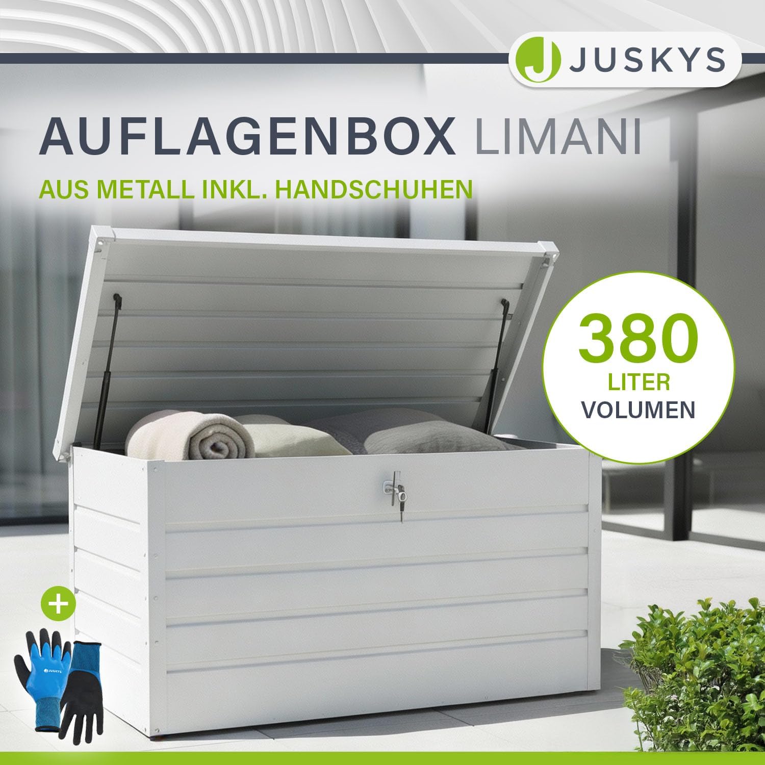 Juskys Metall Aufbewahrungsbox Limani 380 Liter - Outdoor Box - wasserdicht, abschließbar - Gartenbox, Auflagenbox, Kissenbox für Garten Weiß