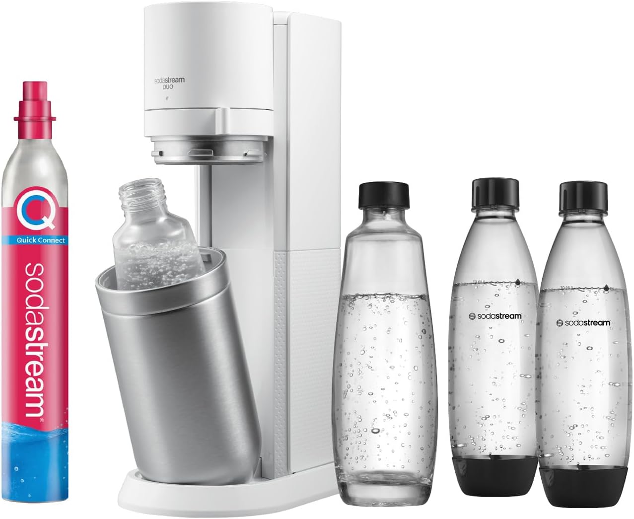 SodaStream Wassersprudler Duo mit CO2-Zylinder, 2X Glasflasche und 2X 1L spülmaschinenfeste Kunststoff-Flasche, Weiß, Höhe: 44 cm