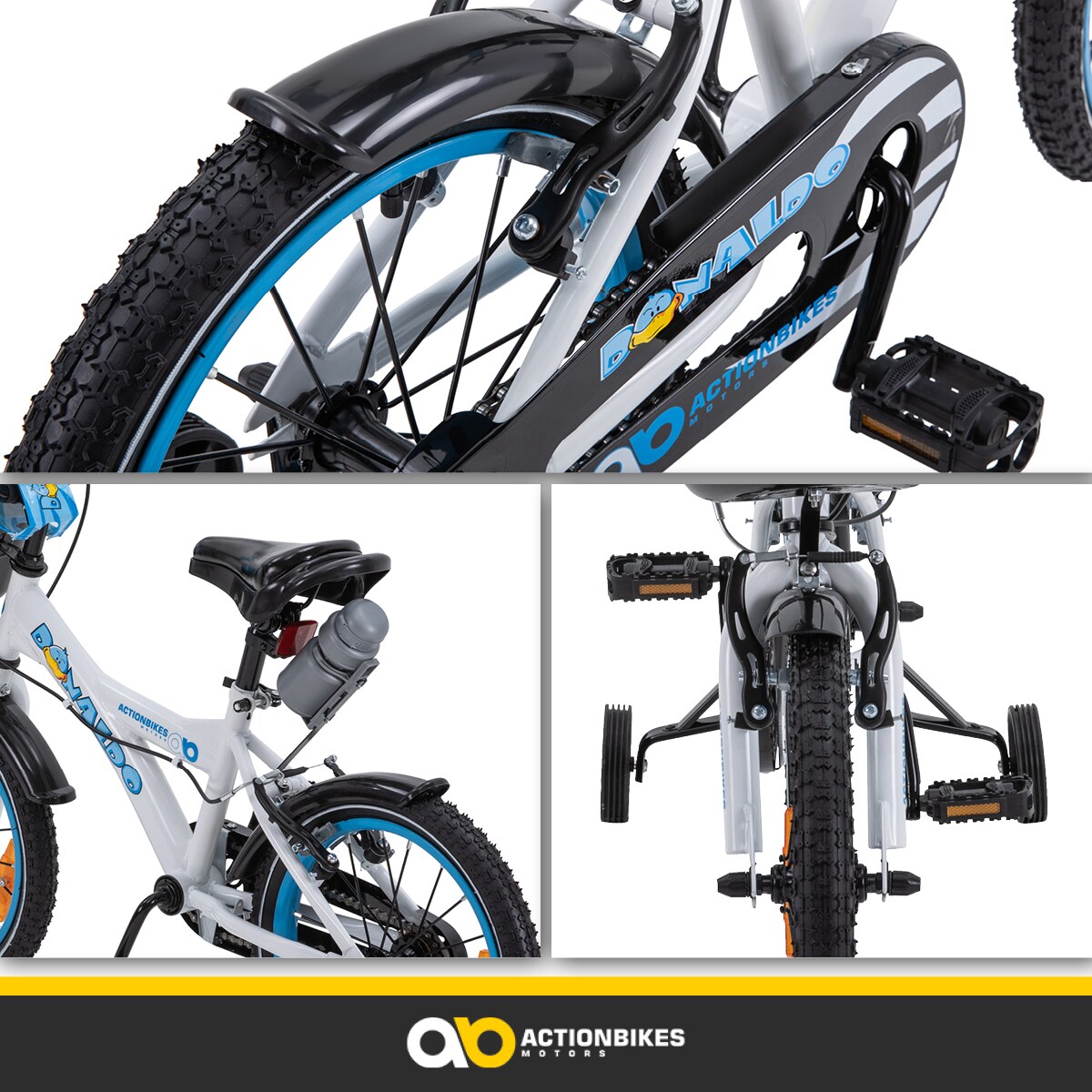 Actionbikes Kinderfahrrad Donaldo 16 Zoll, V-Brake-Bremsen, höhenverstellbar, Stützräder, Korb