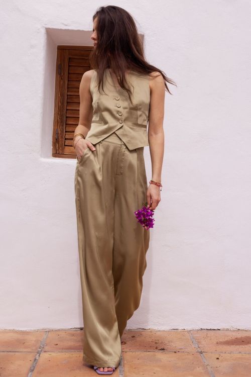 Olijfgroene pantalon satijnen look
