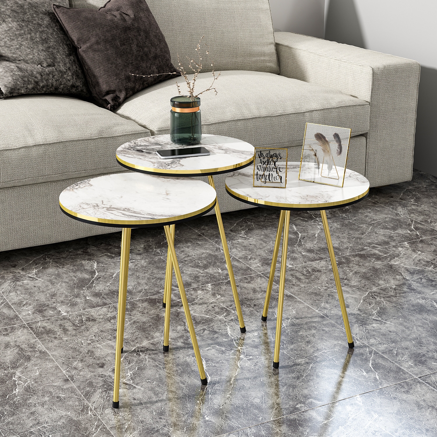 Beistelltisch 3er Set Marmoroptik Weiß 21706221