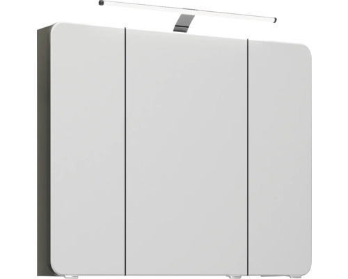 Badkamermeubelset Pelipal serie 4005, afmetingen (B x H x D): 122 x 200 x 49,1 cm, fronten in hoogglans grijs. 4-delige badkamermeubelset bestaande uit een witte glazen wastafel, badmeubel, spiegelkast met LED-verlichting, glazen wastafel en hoge kas