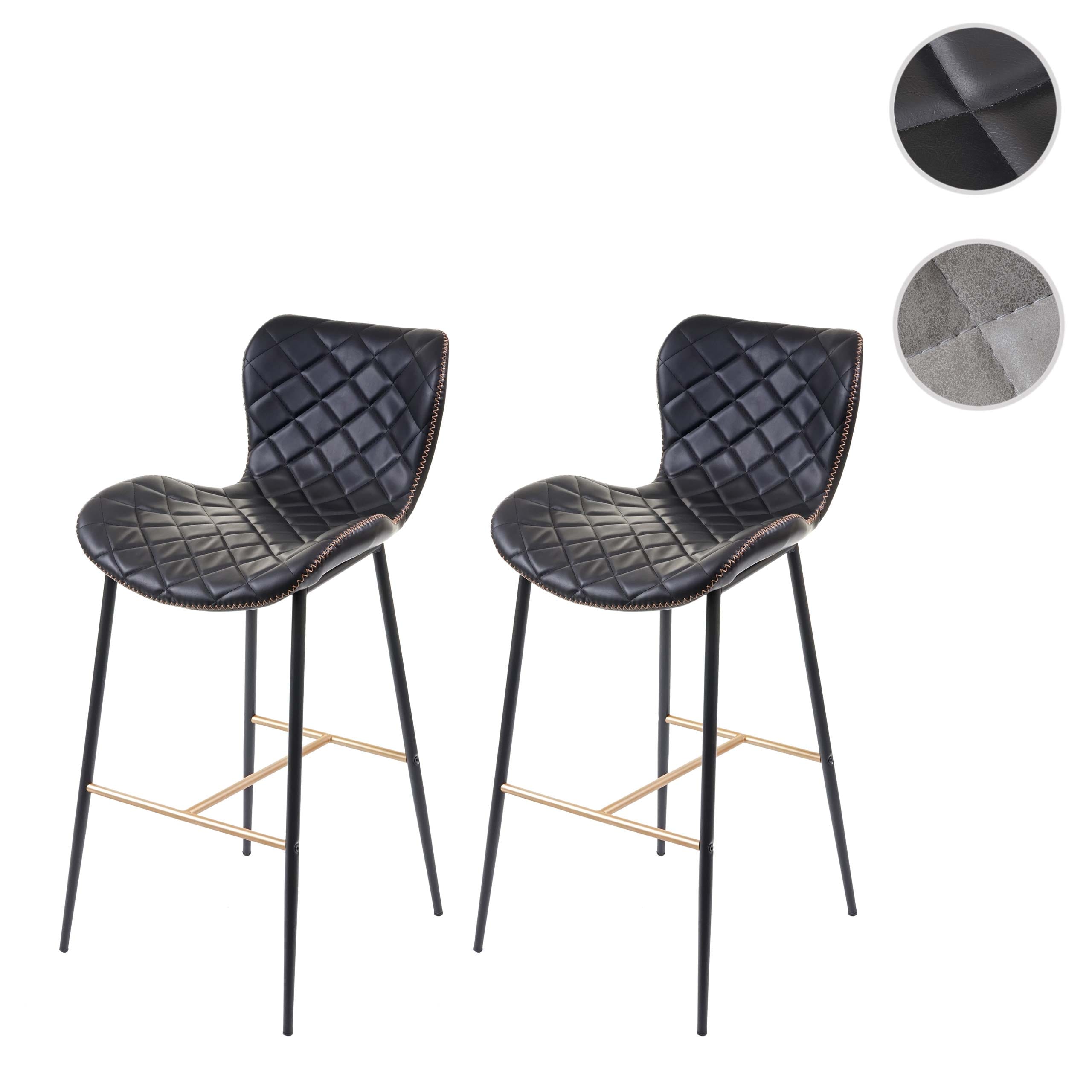 2er-Set Barhocker MCW-E55, Barstuhl Tresenhocker, Vintage goldfarbene Streben ~ Kunstleder schwarz