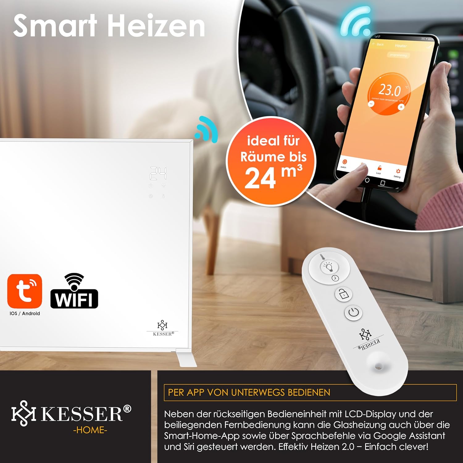 KESSER® Infrarotheizung Energiesparend Infrarot Standgerät & Wandmontage Elektroheizung 350W mit Fernbedienung Thermostat & App-Steuerung Elektrisch Heizpaneel Heizung Konvektor Standfüße