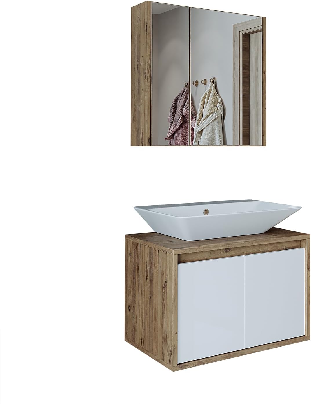 • Badmöbel Set • Atlantic • 3-teilig • Keramik Waschbecken mit Unterschrank 65 cm, Spiegelschrank 60 cm (Weiß - Eiche, 65 cm)