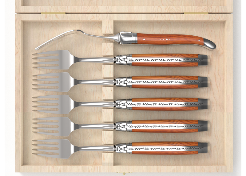 Service de 6 fourchettes Laguiole avec un manche en bois d'If et mitres en acier inoxydable