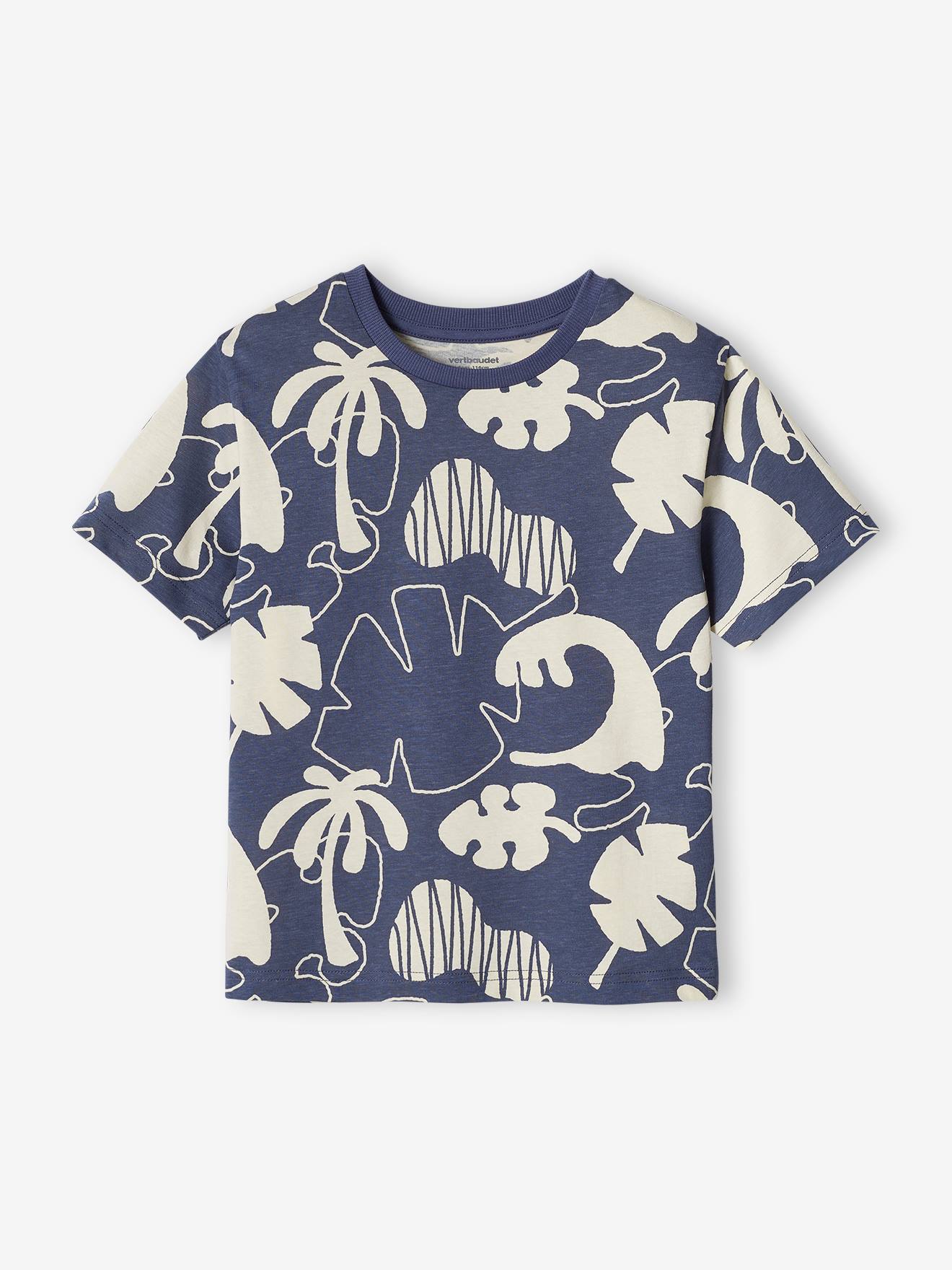 Camiseta infantil masculina com estampas exóticas gigantes, azul ardósia