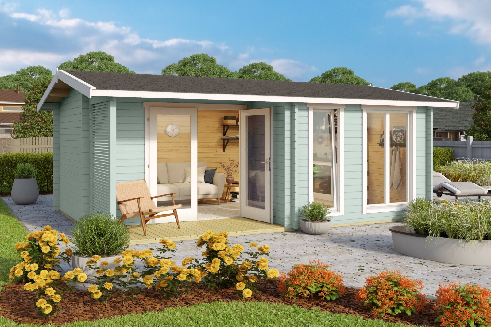 Gartenhaus BRIGHTON 44 - gletschergrün - Fichte massiv - 520x370 cm